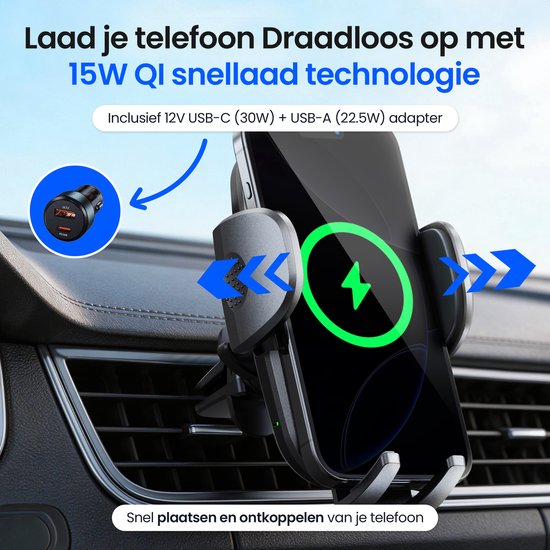 Siltcon® Telefoonhouder Auto 15W QI Draadloze Oplader - Telefoonhouders Auto - Extra Sterkte Zuignap voor Dashboard, Raam & Ventilatie - GSM Houder Auto - Auto Accessories – USB-C 30W – USB-A 22.5W – Snellader - 360° - Universeel alle Telefoons