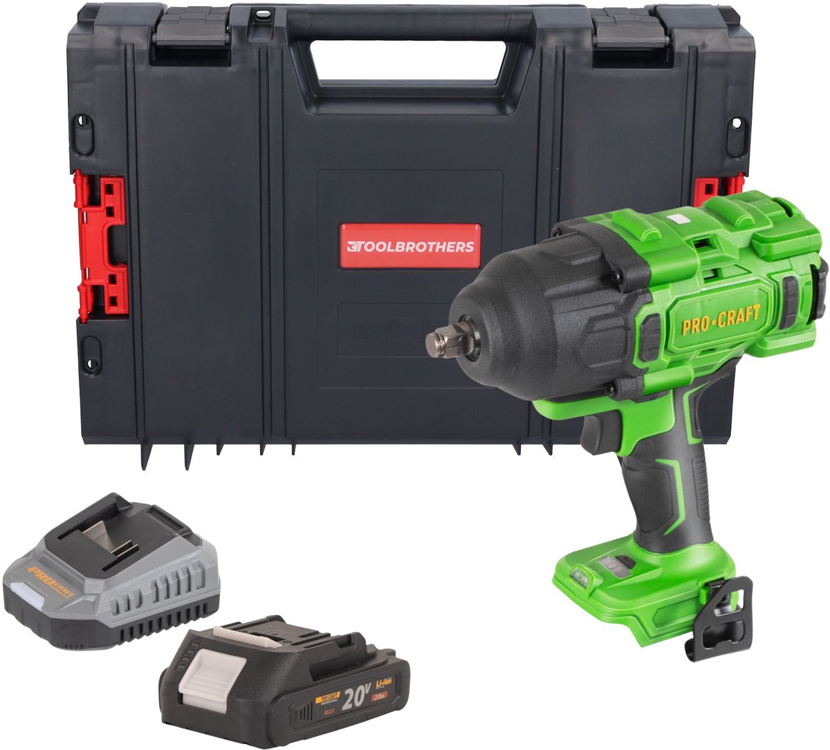 Procraft PWA80bb accu-slagmoersleutel 20 V 1600 Nm 1/2" borstelloos + 1x accu 2,0 Ah + oplader + RHINO-gereedschapskoffer