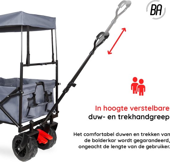 Best Active Bolderkar - Opvouwbare Handkar met Dak - 115 x 63 x 110 cm - Transportkar - 80 kg Draagvermogen - Verstelbare duw- en trekhandgreep - Inclusief Transparante Regenhoes met Ritssluitingen - Afneembaar Dak - Zwart/Grijs van Merkloos — afbeelding 5