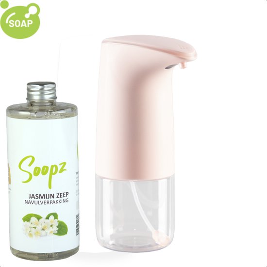 Roze automatische zeepdispenser naast een fles navulzeep met jasmijnbloemen.