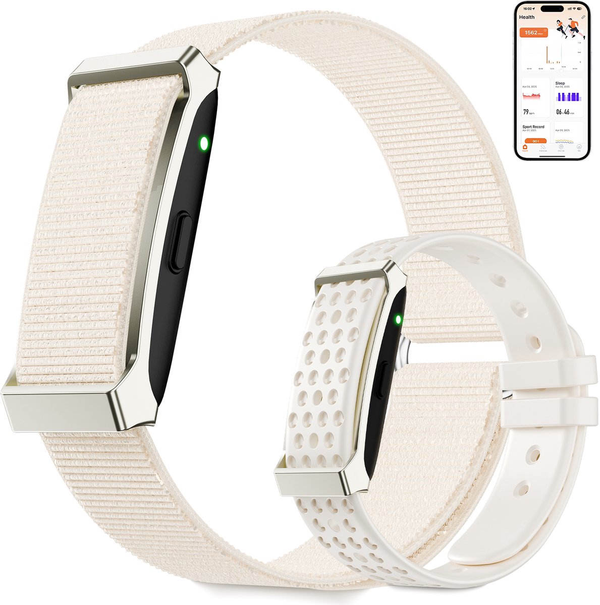 Lichtgewicht fitnessarmband voor 24/7 gezondheidsmonitoring, meer dan 120 sportmodi en slaapanalyse — 1 ATM waterdichte activity tracker met meldingen — gebroken wit