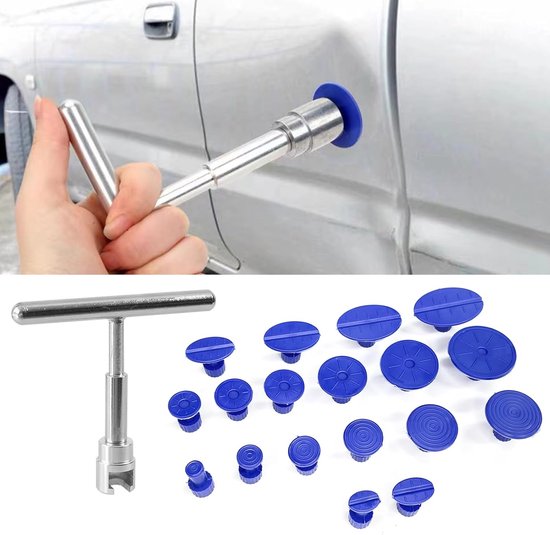 Foto: 1 set reparatieset voor autodeuken naadloze en snelle reparatie t vormige schuifhamer reparatieaccessoires met meerdere zuignappen 120 95 mm voor het repareren van deuken in auto s metaal glas en tegels zilver blauw