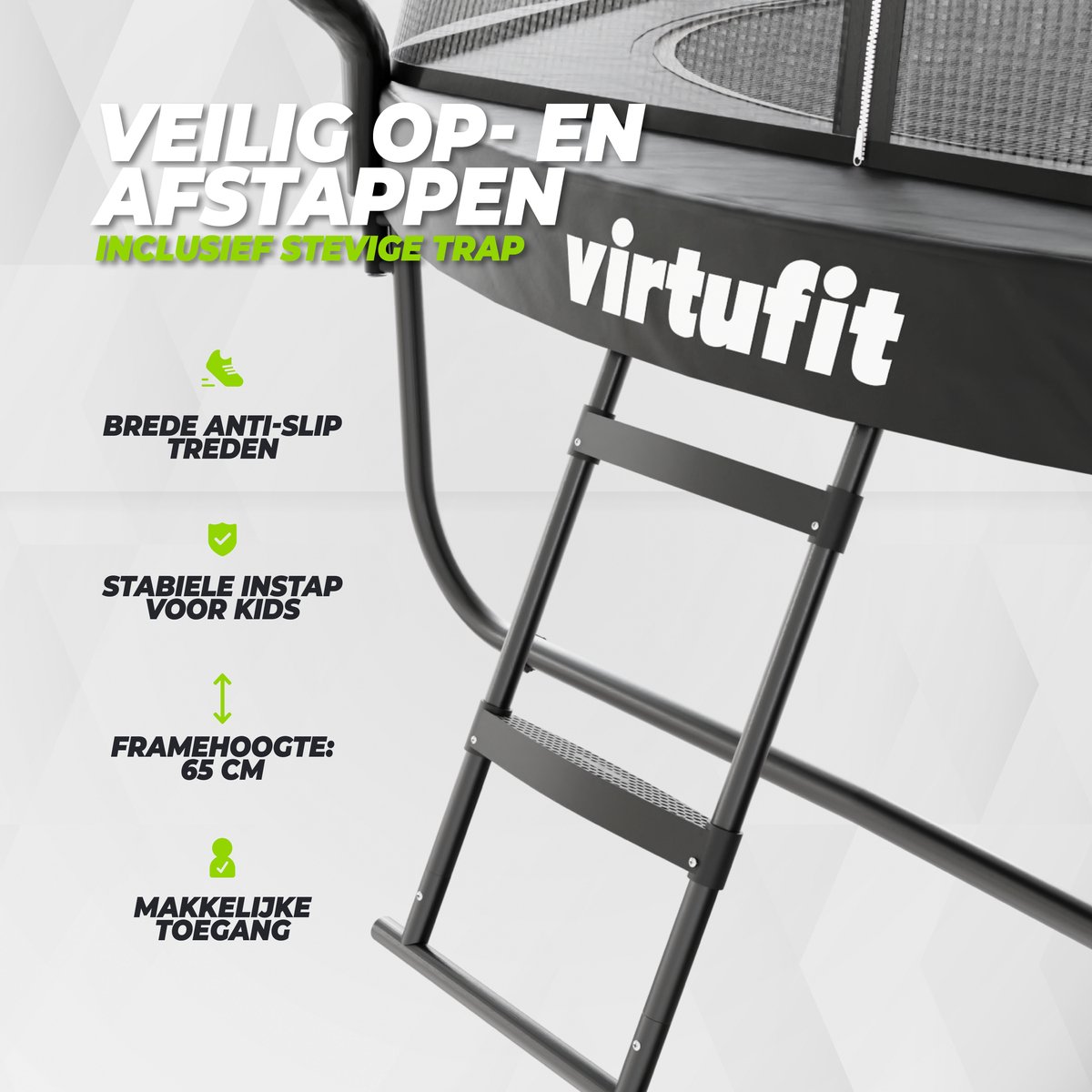 VirtuFit Premium Trampoline met Veiligheidsnet - Ø 251 cm Diameter - Incl. Beschermrand - Extra Veilig - Gratis trap - Water- en UV-bestendig - Max. 150 kg - Voor Kinderen en Volwassenen - Zwart — afbeelding 15