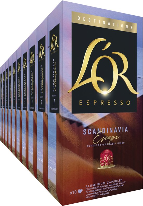 Rangée de 10 emballages L'OR Espresso Scandinavie, torréfaction légère, avec intensité 7.