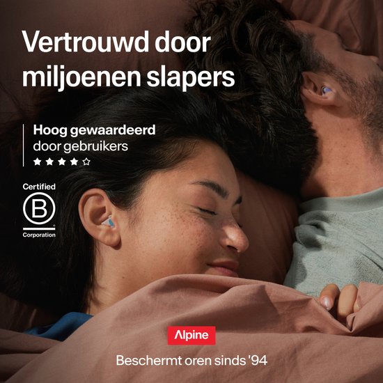 Man en vrouw slapen met Alpine oordopjes in. "Vertrouwd door miljoenen slapers."