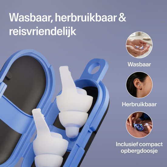 Wit Alpine SleepDeep oordopjes in een blauw bewaarhoesje. Drie cirkelvormige afbeeldingen tonen reiniging en gebruik.