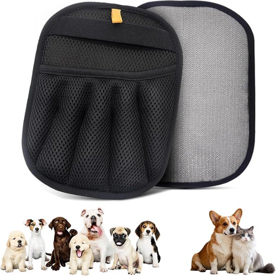 Zwarte ontharingshandschoen met mesh-details en een groep puppy's, waaronder een corgi en een kat.