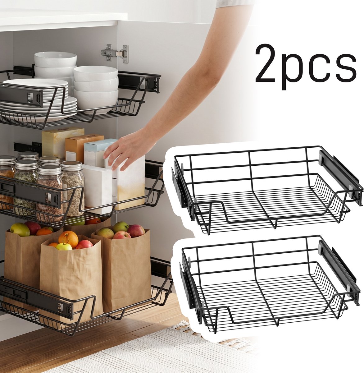 Froadp 2 stuks uittrekbare keukenladen, met telescopische geleiders, ijzeren kastorganizer, schuine rand, zwart - breedte: 60 cm - voor kastbreedte 57 cm (binnen)/60 cm (buiten)