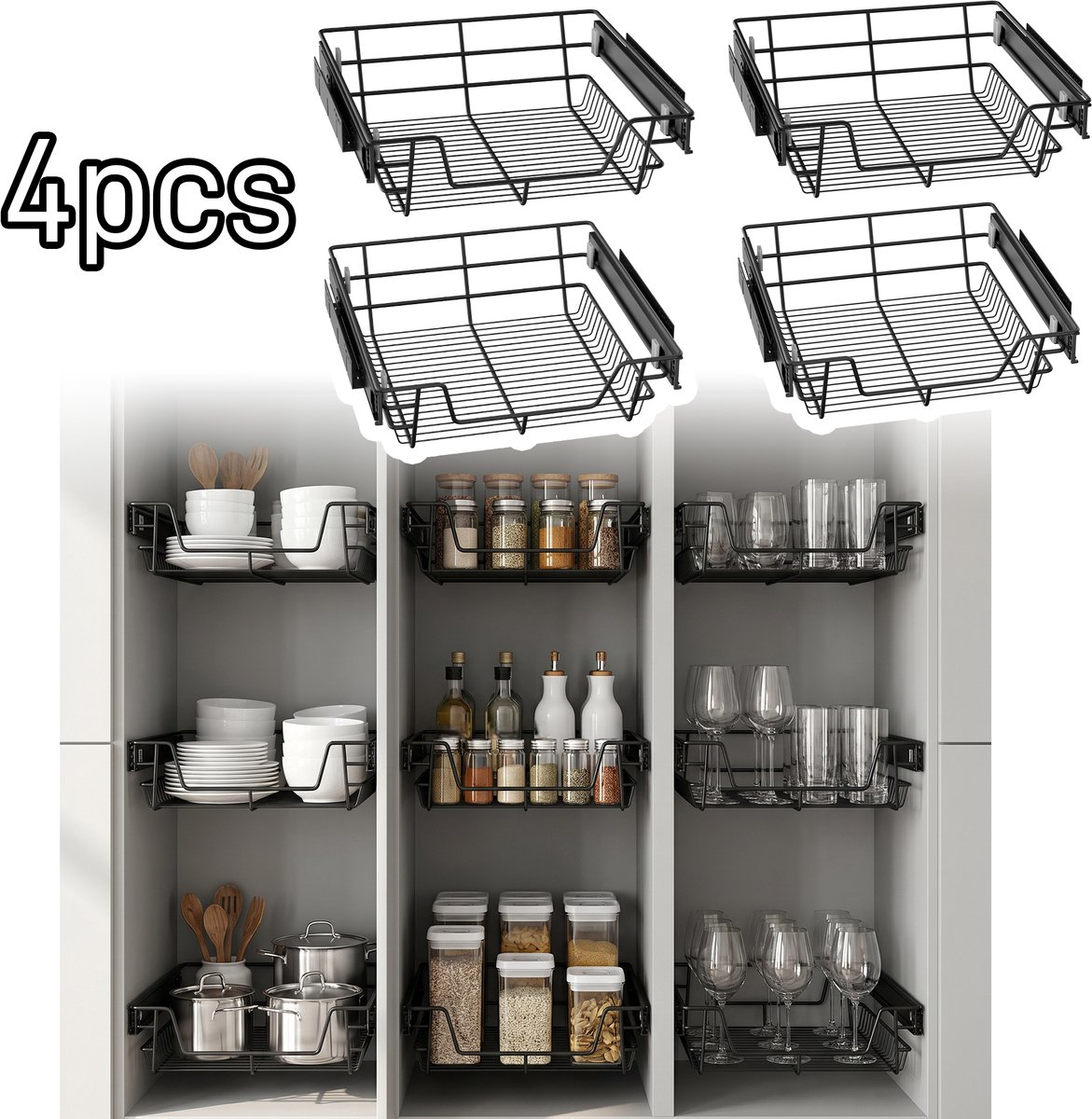 Froadp 4 stuks uittrekbare keukenladen, met rails, telescopische lade, ijzeren kastorganizer, schuine rand, zwart - breedte: 50 cm - voor kastbreedte 47 cm (binnen)/50 cm (buiten)