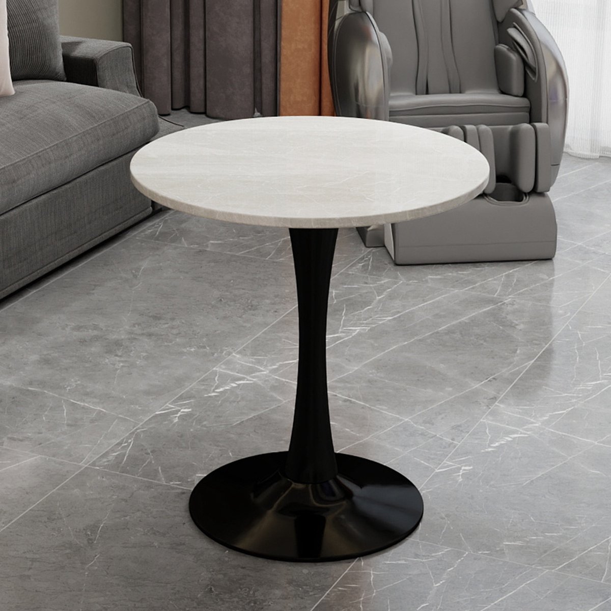 BLACKCOLORS 27,6-inch zwarte salontafel, eettafel in mid-century modern-stijl, geschikt voor 2-4 personen, met een rond marmeren tafelblad met witte aders, perfect voor diverse interieurs.