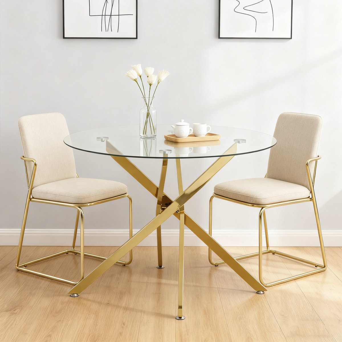 BLACKCOLORS Ronde eettafel met blad van gehard glas en goudkleurige poten, salontafel, moderne minimalistische eettafel, 80 × 80 × 76 cm