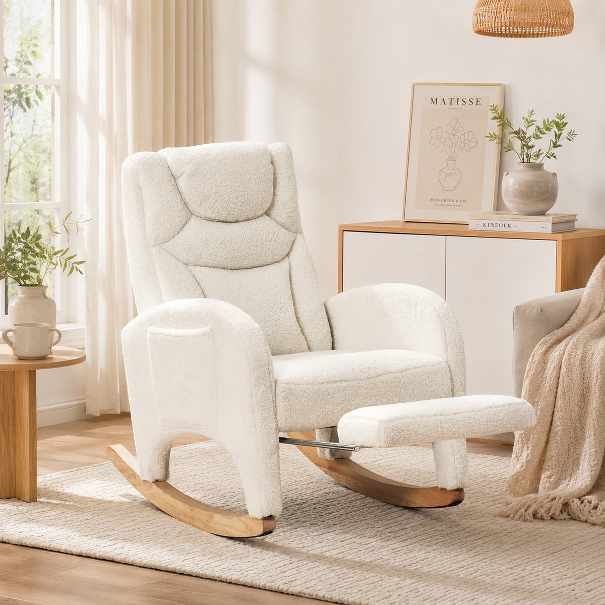 Schommelstoel Teddy Stof - Fauteuil, relaxfauteuil, loungestoel, met armleuningen, rugleuning, voetensteun, metalen frame, massief houten poten, Scandinavische stijl - Wit