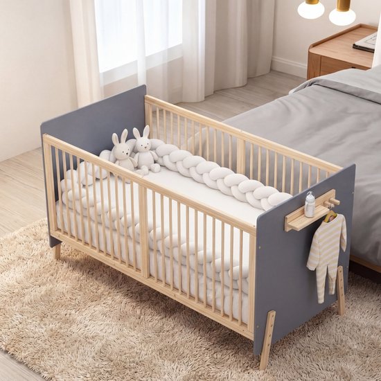 Sweiko Kinderbed - 140 x 70 x 86 cm - Massief hout Ledikant - In hoogte verstelbaar - Zonder matras - Grijs + Naturel