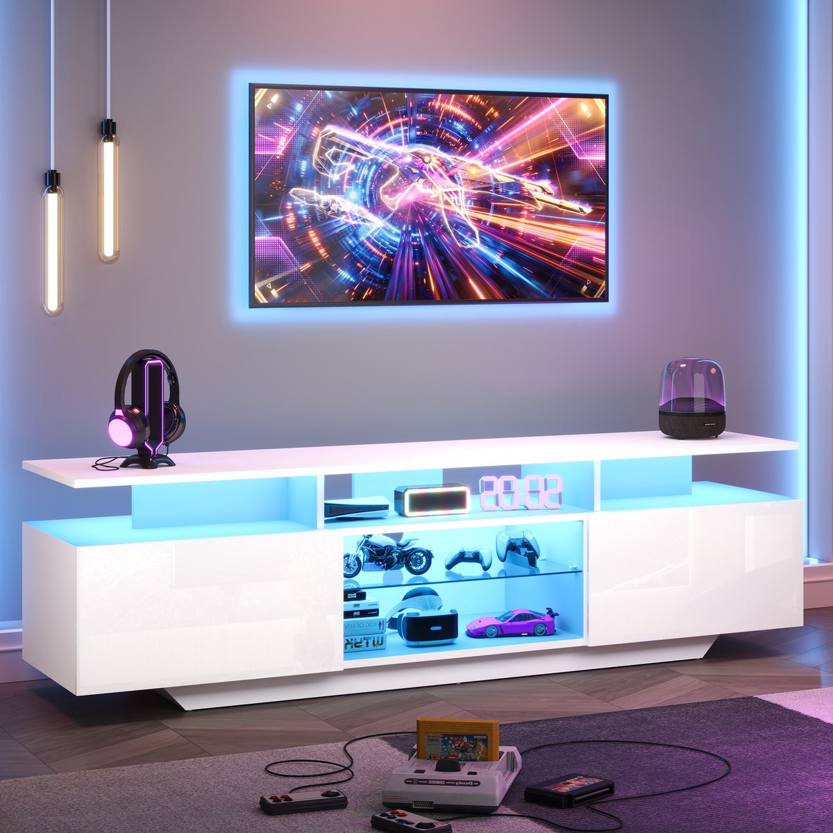 MODENUIT Tv-meubel - Led Met Appbediening En 2 Kasten - Voor Woonkamer - Mdf Glas - 160x40x45 Cm - Wit