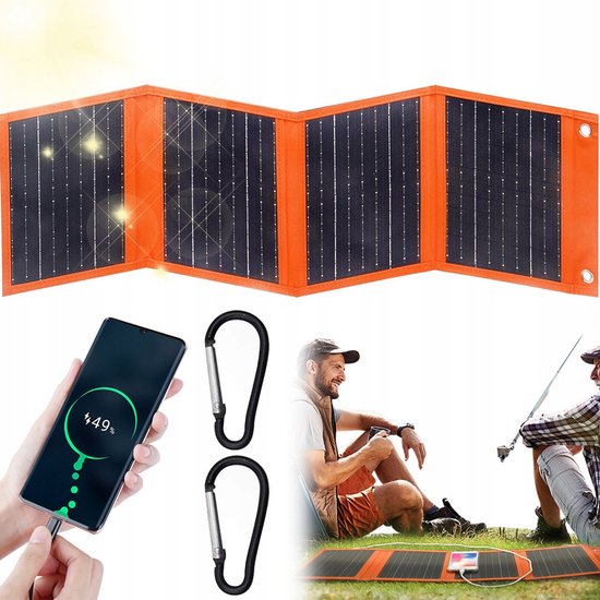 Opvouwbaar zonnepaneel in gebruik, laadt een telefoon op. Toont karabijnhaken en mensen die kamperen met een zonnepaneel.