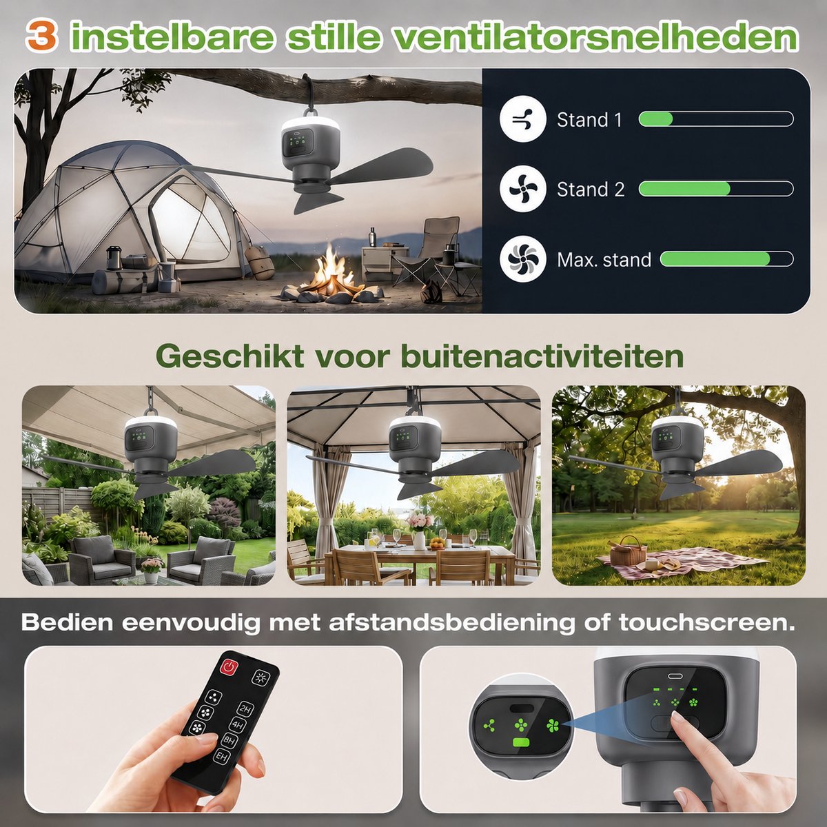 MUPOO Camping Plafondventilator 45cm - LED en 16 uur thumbnail 3