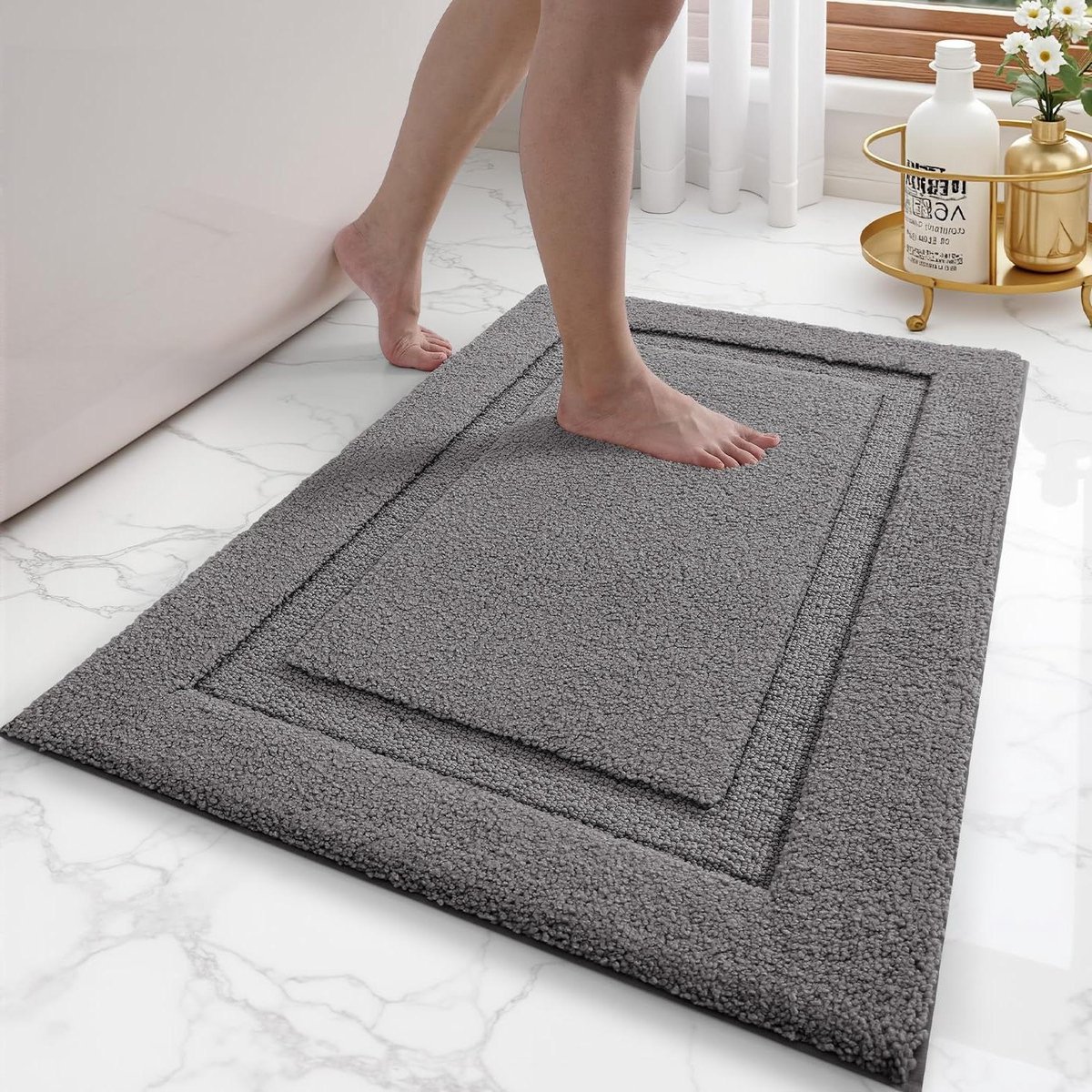 LUMI Zachte korte pluche antislip badkamertapijten, waterabsorberende badtapijten, 44,5 x 76 cm, donkergrijs