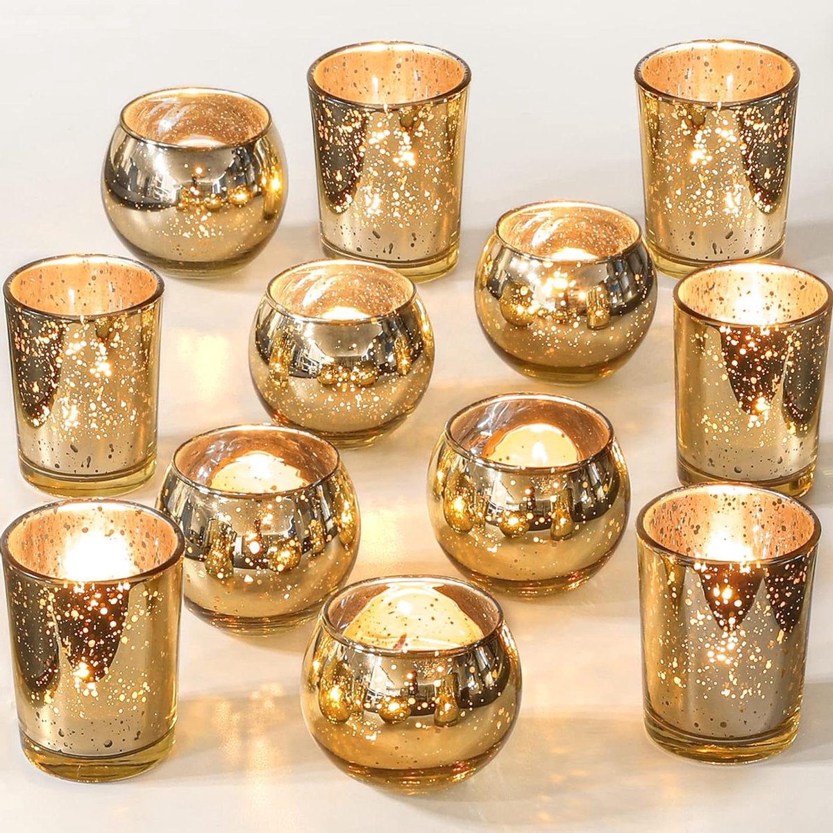 Gouden Kandelaars - Theelichthouders Glas - Sfeerverlichting Creëren - Hittebestendig Glas - 12 Stuks - Goud