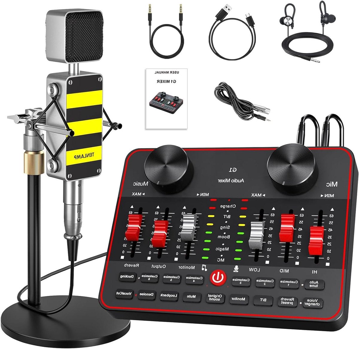 Podcast Set - Audio Interface Mixer - Livestream Zingen Gaming - Alles-in-één Bundel - 1.18 kg - Zwart