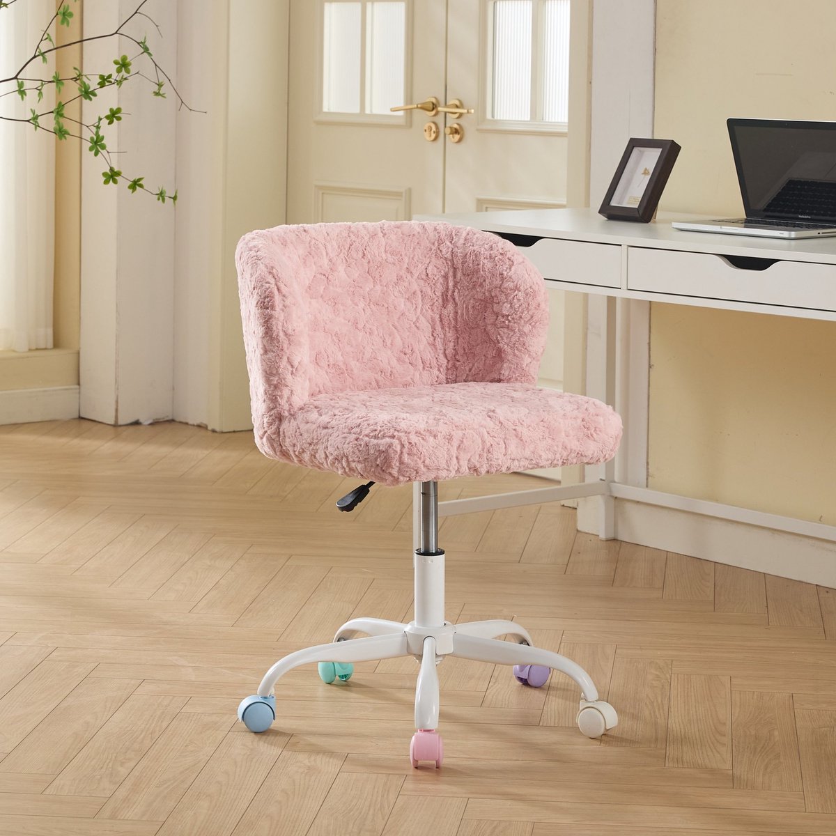 Intebiki Verstelbare Draaibare Bureaustoel voor Dames - In hoogte verstelbaar - 360° draaibaar - Geschikt voor bureaus en kaptafels - Bekleed met imitatiekonijnenbont - Voorzien van stille wielen - Make-upstoel - Ergonomische bureaustoel - Roze
