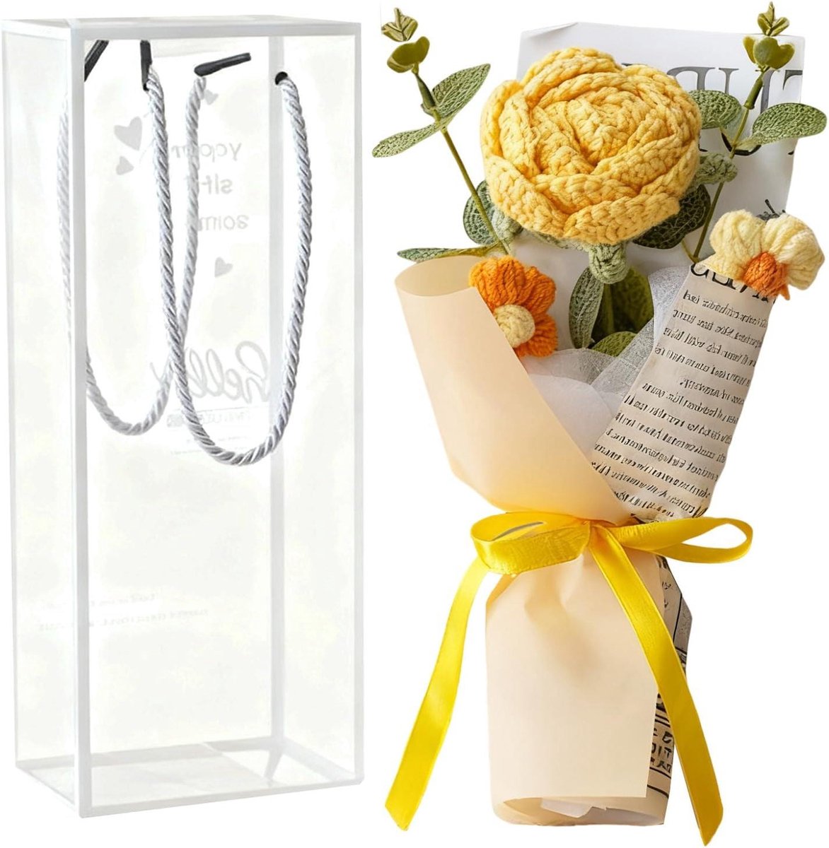 Gehaakte bloemen boeket - Handgebreide roos - Woondecoratie - Elegant handgemaakt ambacht - 26*10cm - Geel