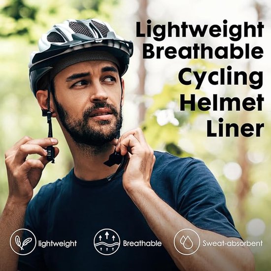 Man met skibril en helm, draagt een donkergrijze helmvoering. Tekst: "Lightweight Breathable Cycling Helmet Liner".