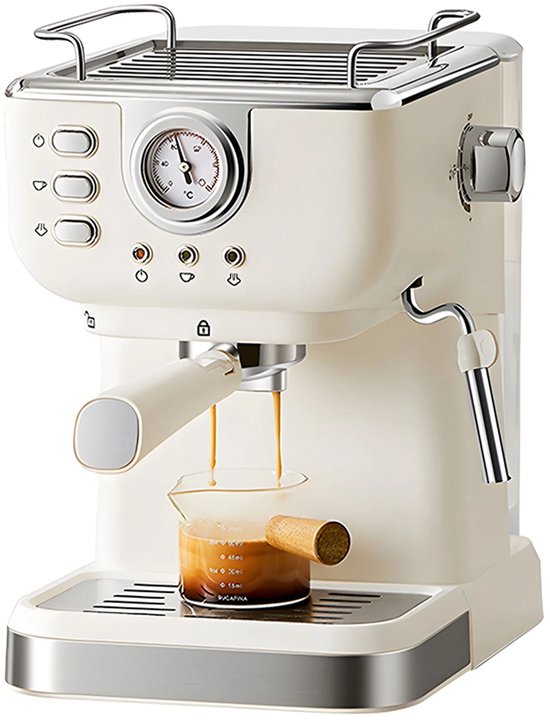 Crèmekleurig espressomachine met chromen details, een manometer en een melkopschuimer.