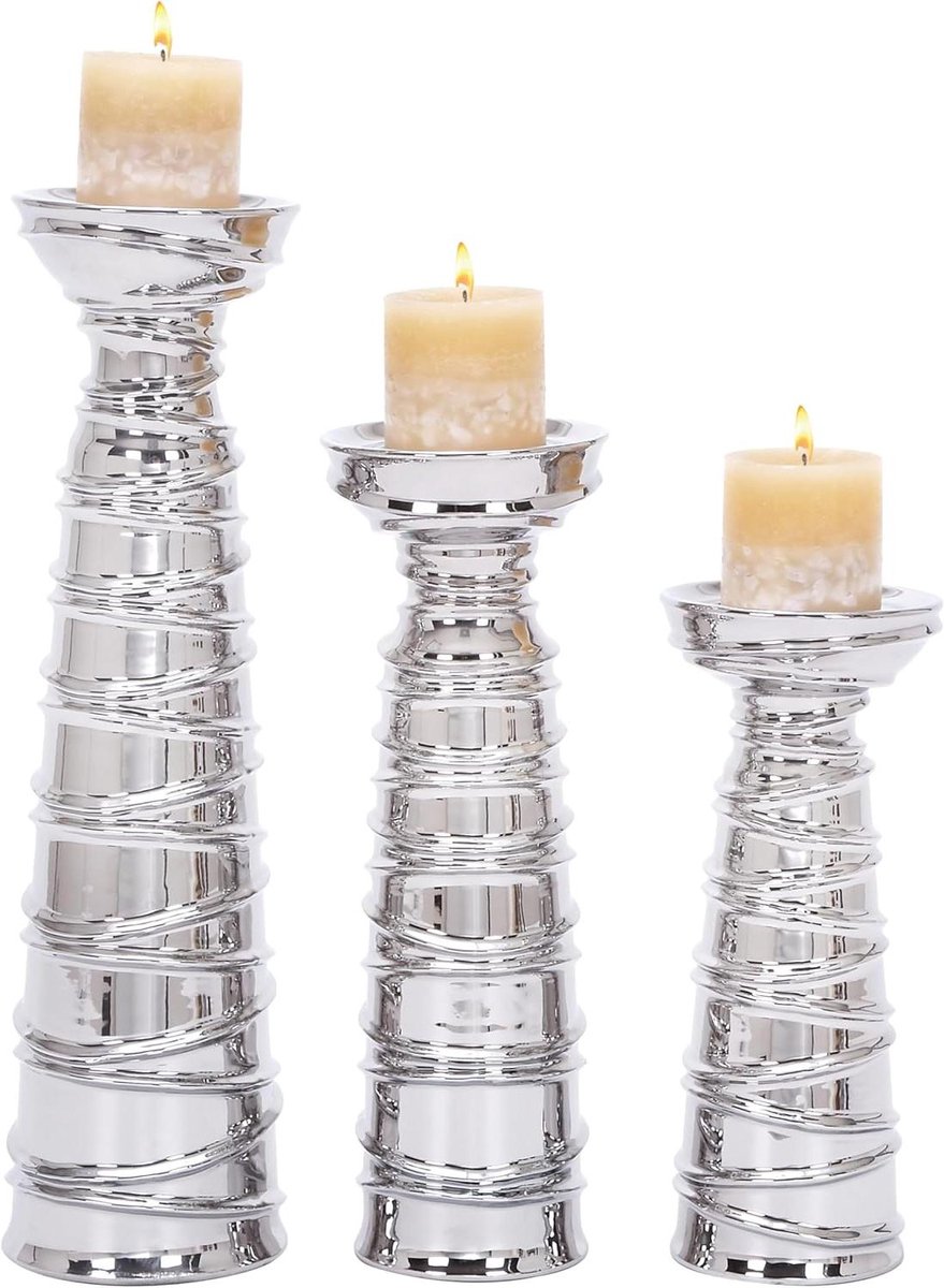 Keramische Kandelaars - Kaarsenhouders Set - Sfeerverlichting Thuis - Getextureerde Spiraalafwerking - Set van 3 - Zilver