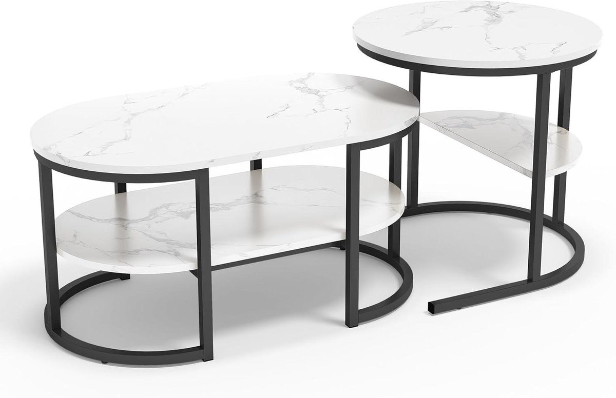 Salontafel, rond, set van 2, stapelbare bijzettafel, gouden tafelpoten van metaal, salontafel, marmeren plaat, set van 2 salontafels, moderne woonkamertafel, bijzettafel met opbergruimte (zwart rond