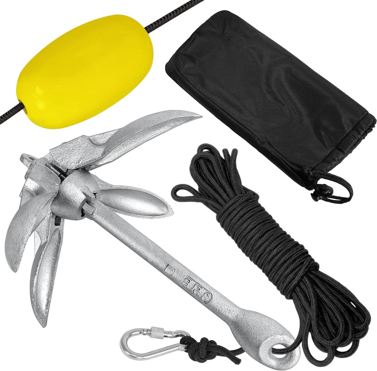Bootanker, 1,5 kg, opvouwbare ankerset inclusief ankerboei, ankerlijn met karabijnhaak, bal, transporttas, verzinkt anker voor boot, SUP, kajak, kano, motorboot