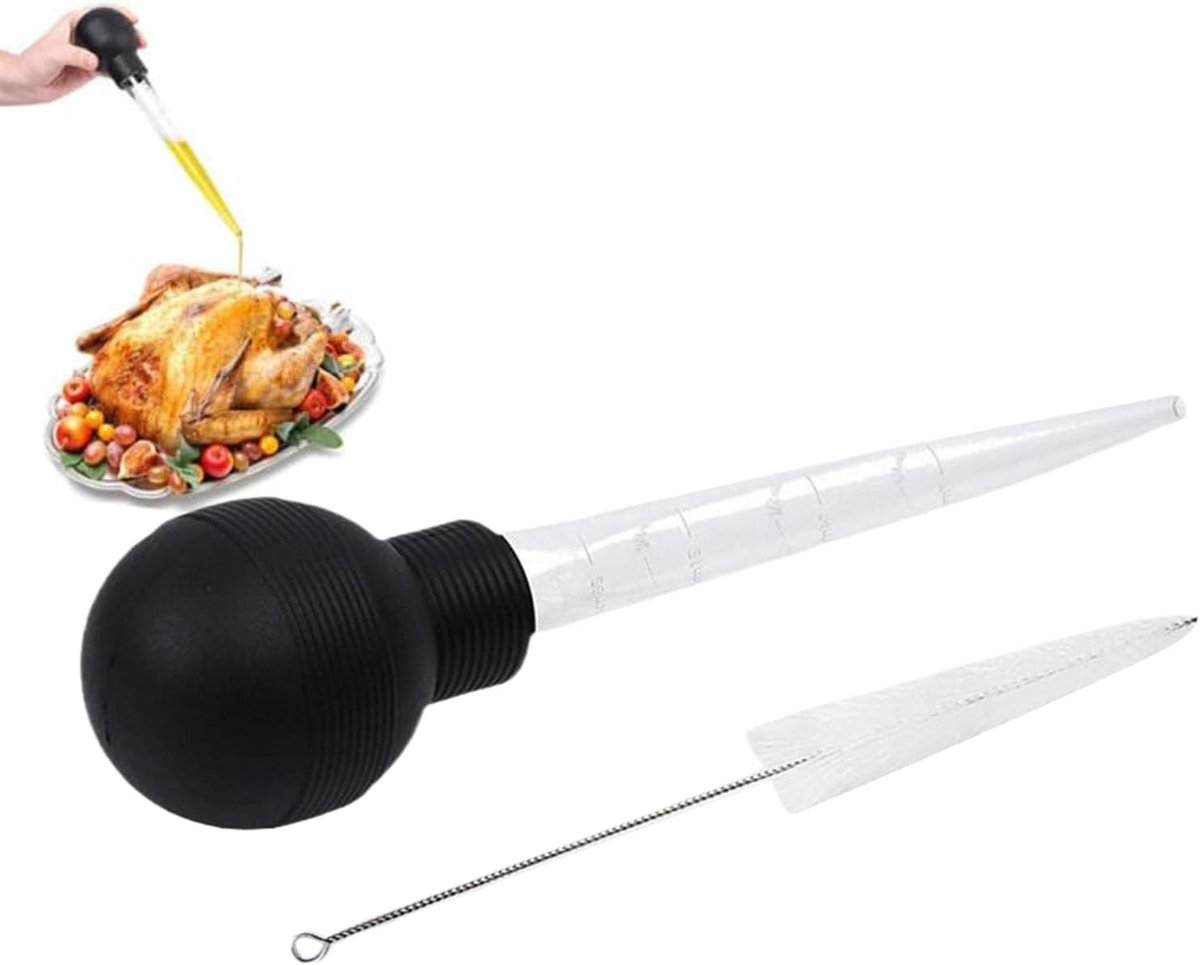 Kalkoenspuit Injector - Marinade Injector Vlees - Vlees Marmeren - Met Reinigingsborstel - 27 cm - Zilver