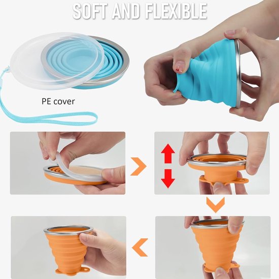 Folding Silicone Cup 4 Pack BPA Free- Collapsible Travel Mugs with Sealing Lid - Reusable Portable Cup Set for Camping - Silicone Cups for Picnic Hiking Outdoor Travel Silicone Foldable Cup — afbeelding 4