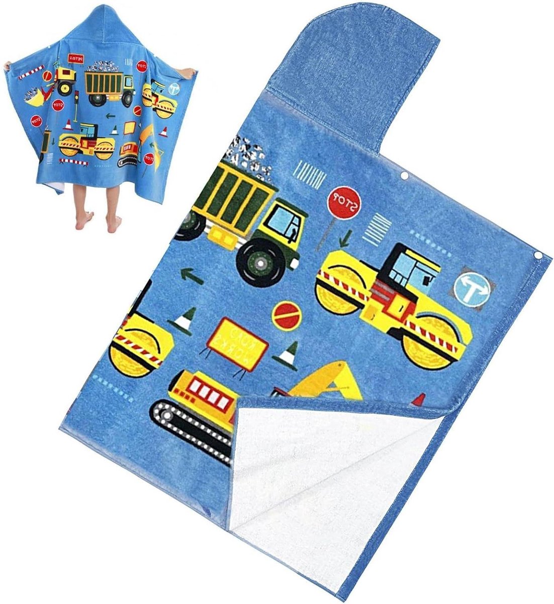 Kindercapuchonhanddoek - Kinderbadponcho Wikkeldoek - Na het zwemmen - Opvallend voertuigontwerp - 127 x 76 cm - Blauw
