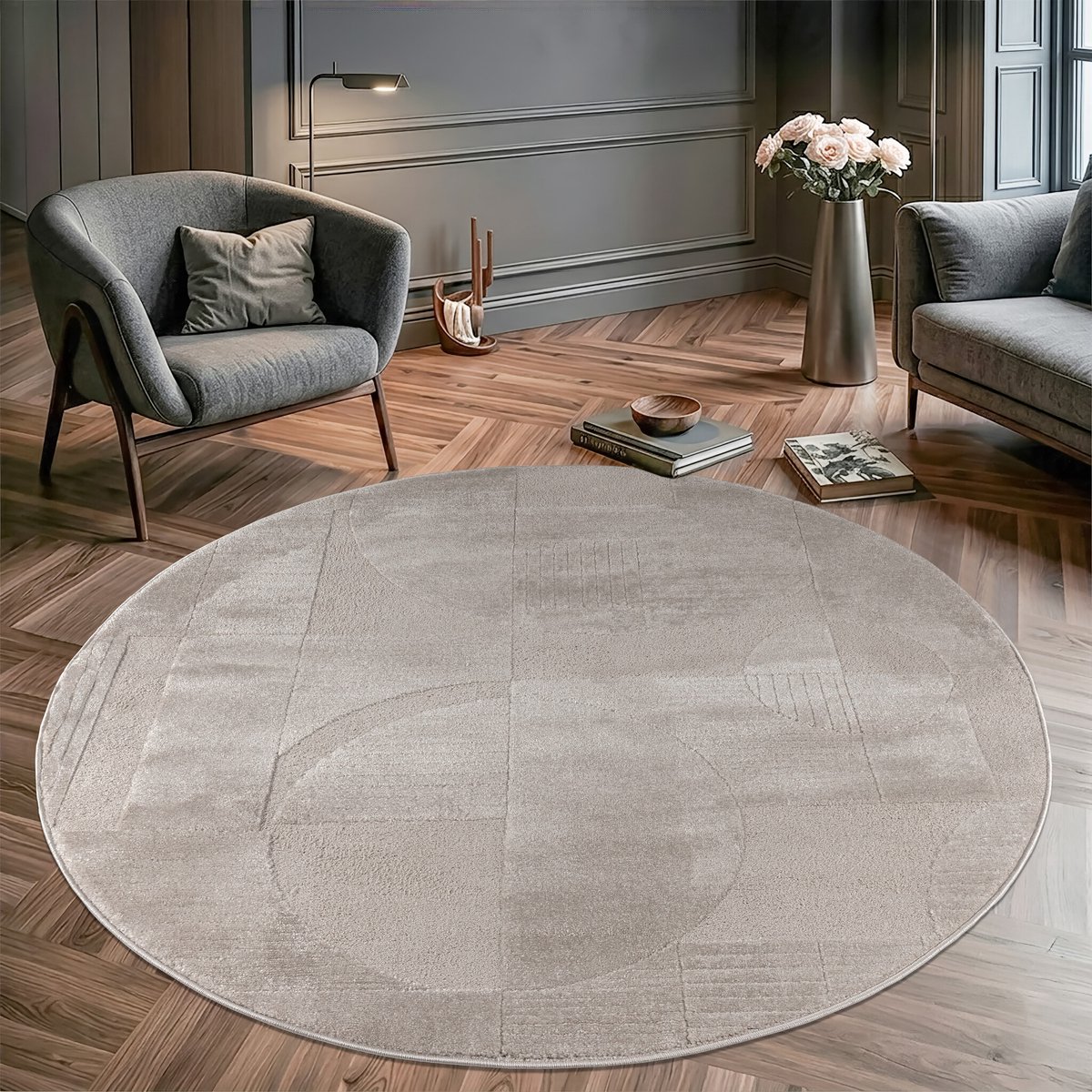 Muratap Vivant Japandi Abstract - Rond Vloerkleed Laagpolig - Taupe Beige- 160 CM Ø