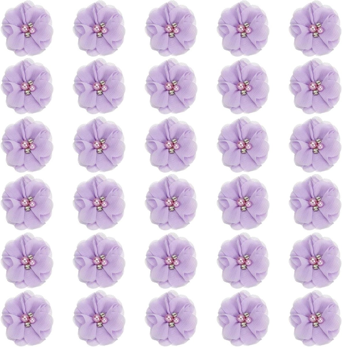 Chiffon Bloemen - Stof Applicaties - Kleding Versieren - Met Strass Parel - 30 Stuks - Paars
