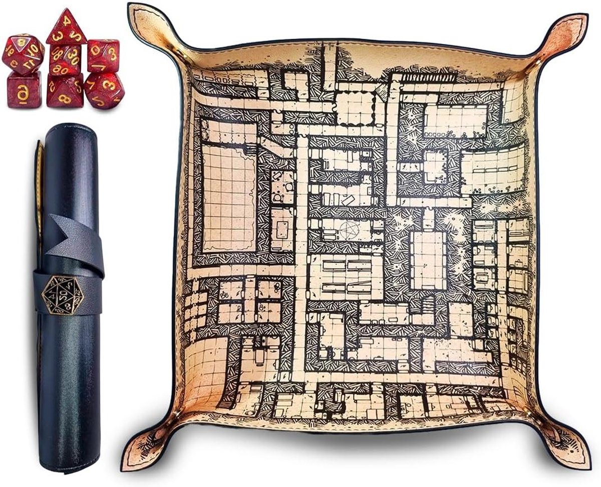 Dobbelstenen Bord - Dobbelmat Kubus - Rollenspel Avonturen - Met Dungeon Kaart - 7 Dobbelstenen - Zilver of Grijs