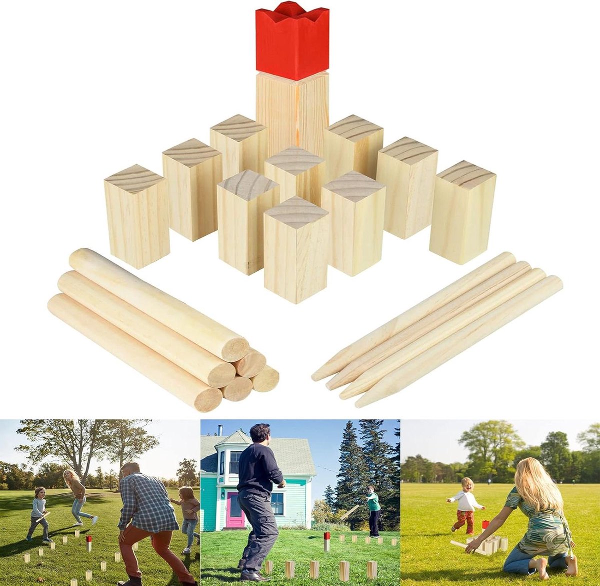 Houten Werpspel - Viking spel - Buiten spelen - Compleet met tas - 1 koning 10 knechten - Houtkleur