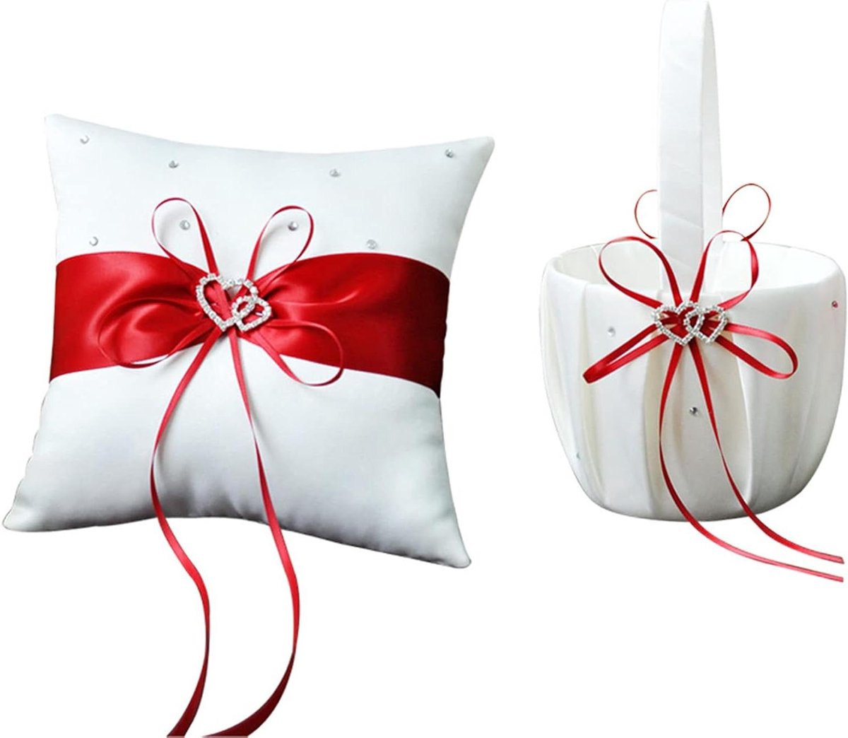 Bloemenmand Ringkussen Set - Bruiloft Accessoires - Bruiloft Decoratie - Dubbele Hart Strass - 22x13cm en 20x20cm - Wit en Rood
