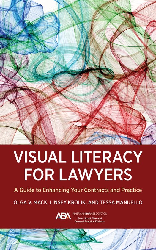 Couverture du livre 'Visual Literacy for Lawyers' avec des lignes abstraites et tourbillonnantes en rouge, vert et bleu.