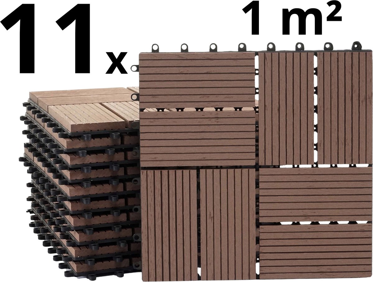 Terrastegels - WPC Composiet Kunststof - 11 Stuks - 1 m² - Bruin - 8 Latjes - Vlondertegels - Balkontegels - Onderhoudsvrij - Makkelijke en Snelle Montage