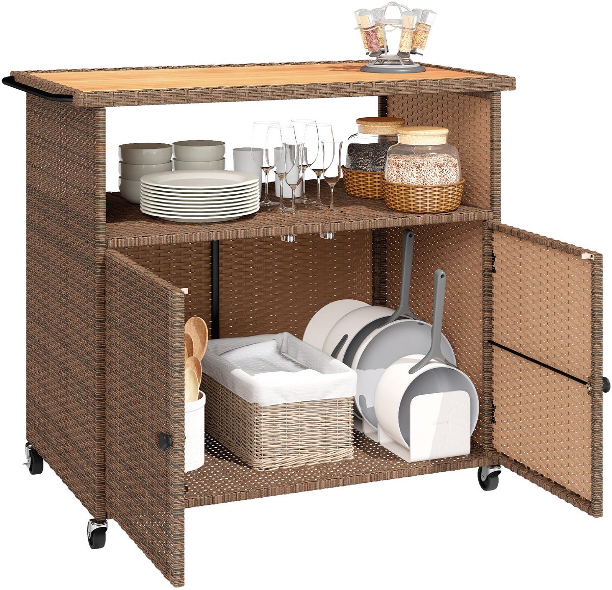 Outsunny Rattan serveerwagen-Eucalyptus hout, PE-rattan-95L x 54B x 84H cm-Bruin