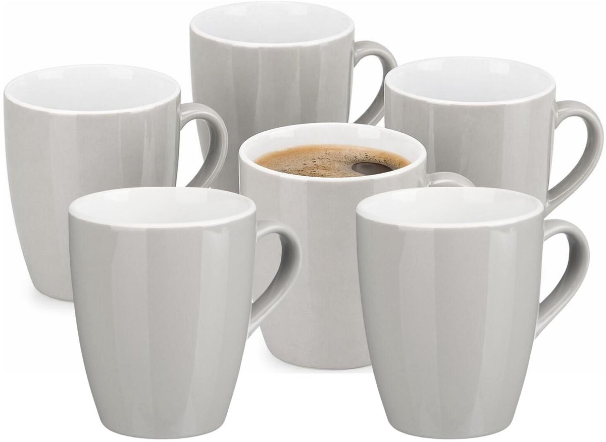 Vessia Design koffie mokken / bekers met oor - 12x stuks - lichtgrijs - keramiek - 410 ml - servies - kopjes
