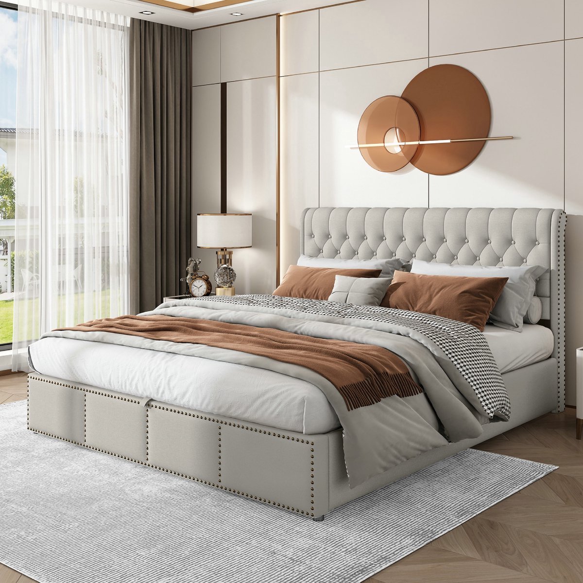 VVBV Bed met opbergruimte 180x200 / Gestoffeerd bed 180x200 / Tweepersoonsbed 180x200 – Matras Niet Inbegrepen – met Lattenbodem – Linnen – Lichtgrijs