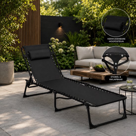 Outbee Ligbed - Ligstoel - Zonnebed - 190x55x30 cm - Inklapbaar - Verstelbaar - Weerbestendig - Zwart van Outbee — afbeelding 3