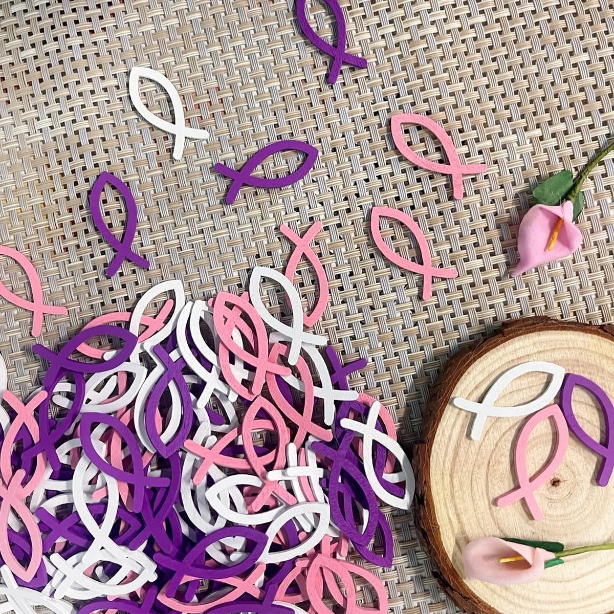 Houten visdecoratie voor tafeldecoratie, doop en communie, 108 stuks in rozenrood, ideaal voor jongens en meisjes