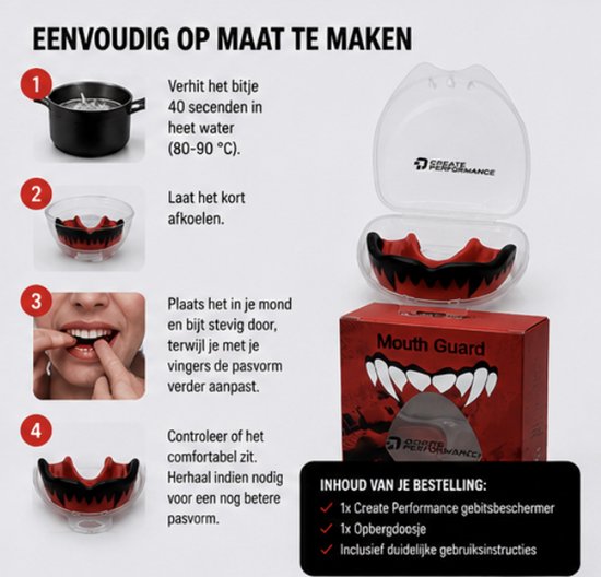 Illustratie van het maken van een gebitsbeschermer, van heet water tot het passen in de mond. Rechtsboven de rood/zwarte gebitsbeschermer.