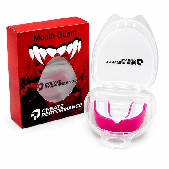 Roze en wit mondstuk in open bewaardoosje, naast de verpakking met tand-illustratie.