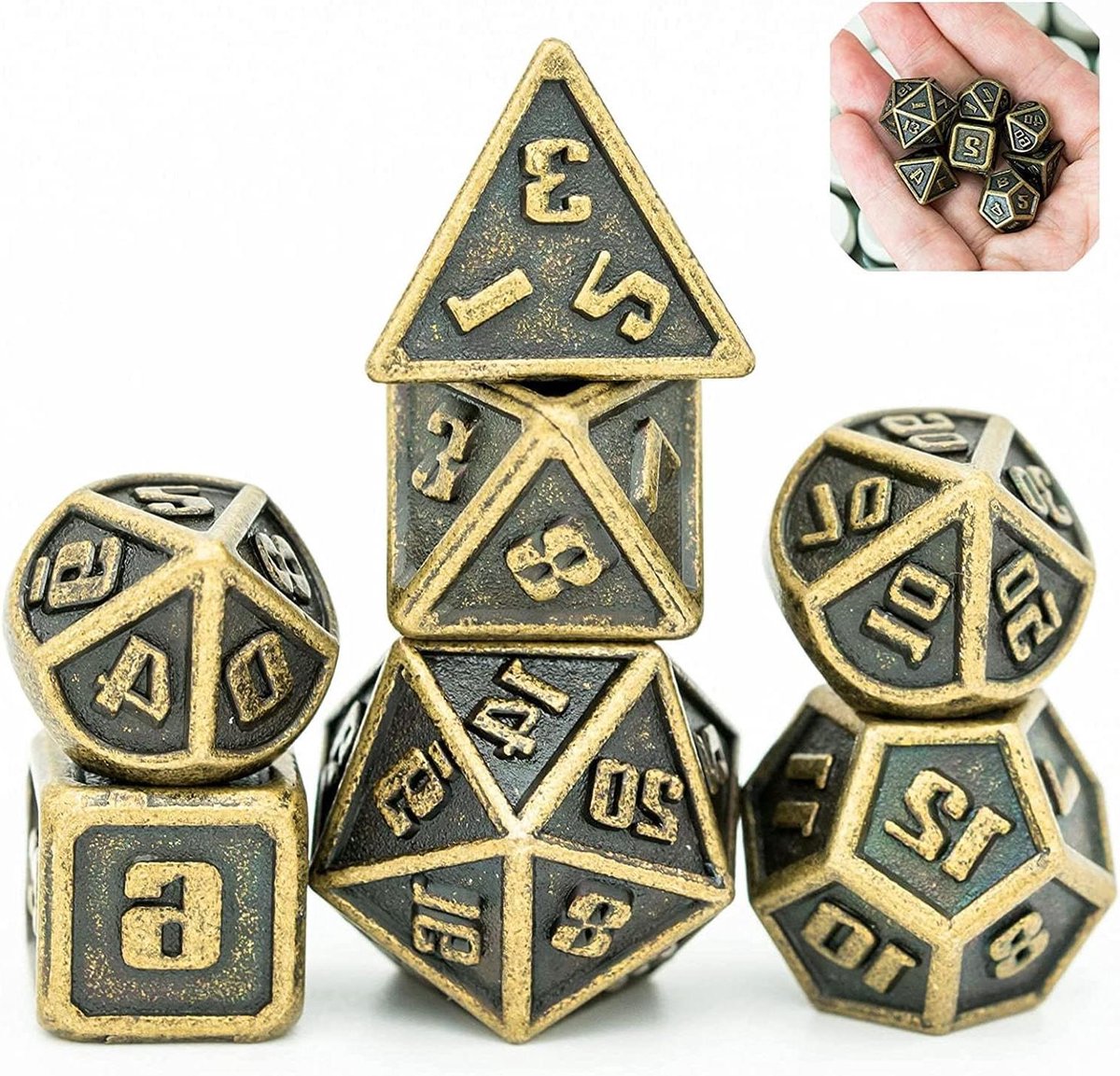 Metalen dobbelstenen - Veelvlaks set - Rollenspellen spelen - Precisie vervaardigd - 7 stuks - Brons