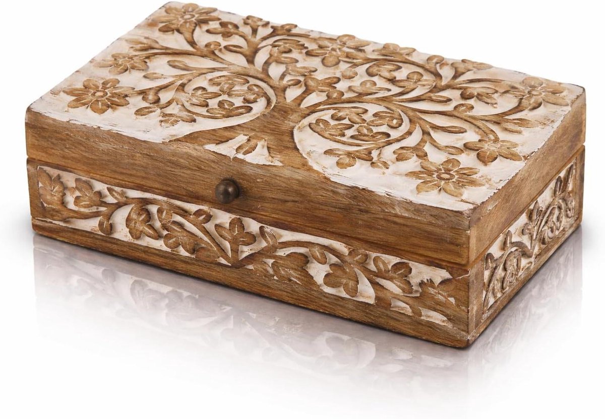 Houten Sieradendoos - Bewaar Kistje - Sieraden Organiseren - Handgemaakt Met Levensboom - 20 x 13 cm - Bruin