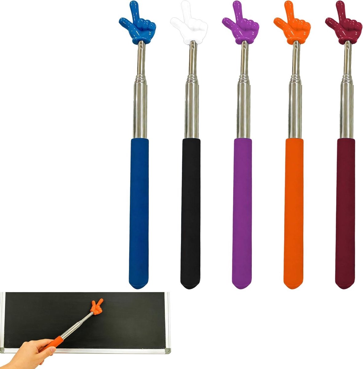 Uitschuifbare Wijzers - Telescoop Handen - Klas Presentaties - Vinger Vorm - 5 Stuks 68 cm - Kleurrijk